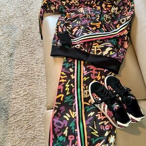 Adidas Unisex Colorful Graphic Jacket, Pants, and Sneakers